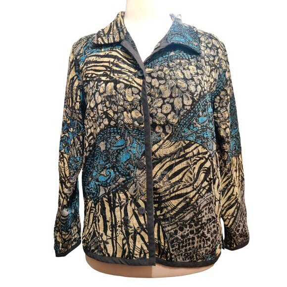 Womens L Jacket Reversible Jacquard Brocade Black Gold Blue Boho 90s Vintage - Picture 1 of 16